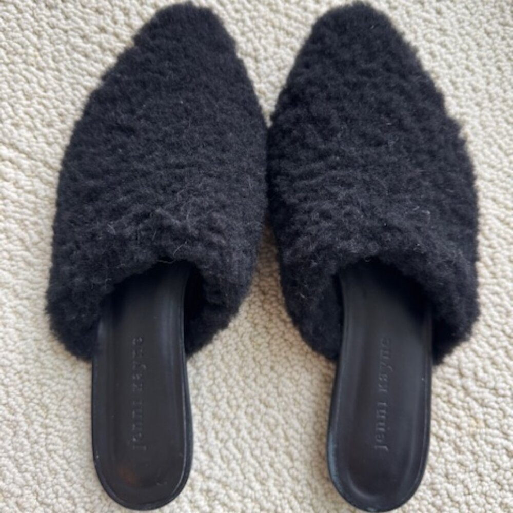 Jenni Kayne Black Shearling Mule Slides 37/7  Fuzzy Minimalist Cozy Chic